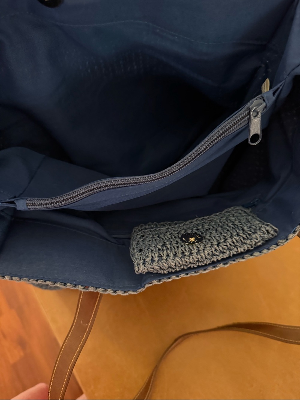 Rosetti Knit Tote with Brown Leather Handles - navy blue - Picture 3 of 6